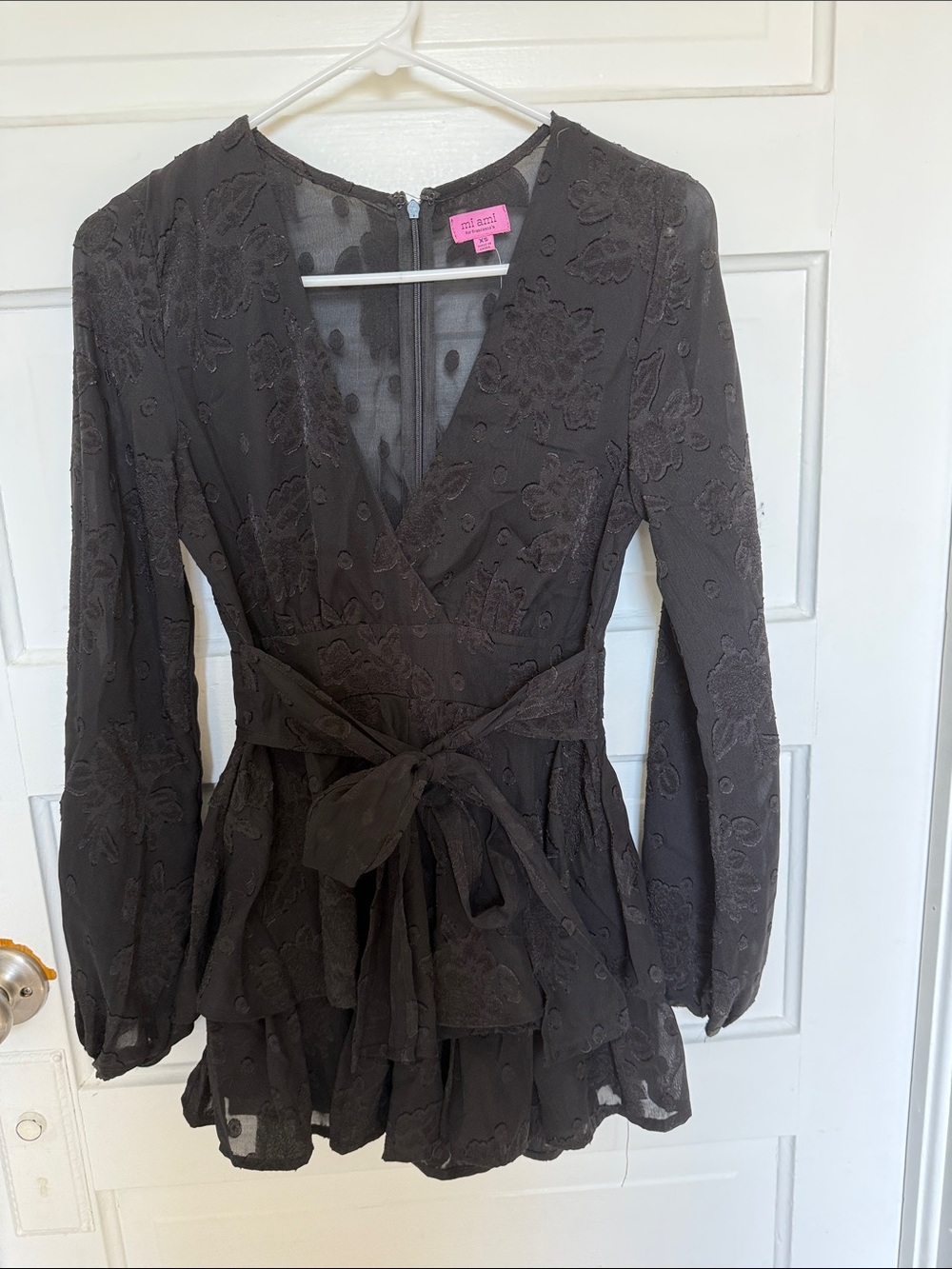miami Black Floral Lace Wrap Long Sleeve Mini Dress